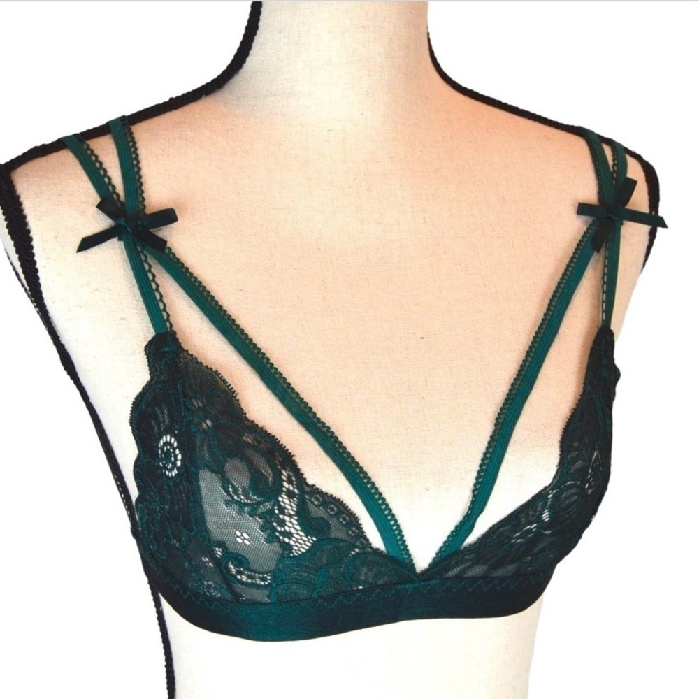 SHEIN‎ Forest Green Lace Unlined Strappy Bra, Size Small Sexy Romantic
